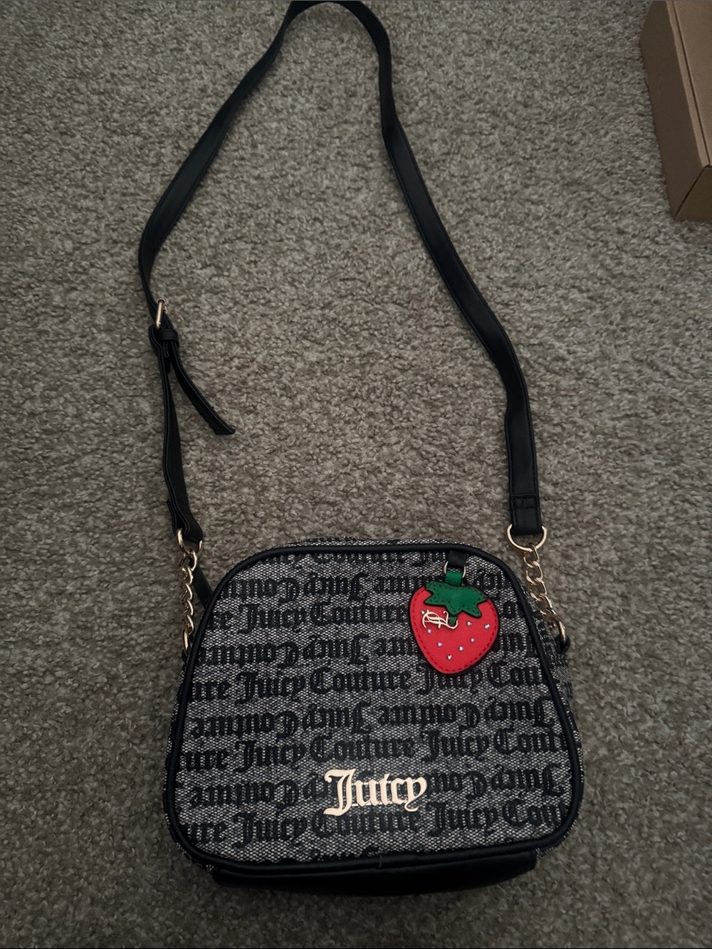 Juicy Couture Black Logo Crossbody with Red Strawberry Patch
